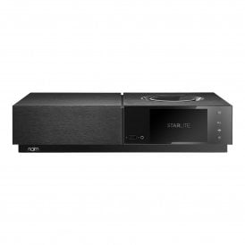 Straight-on front view of black Naim Uniti Star Lite player showing front screen reading STARLITE, USB port, and control buttons